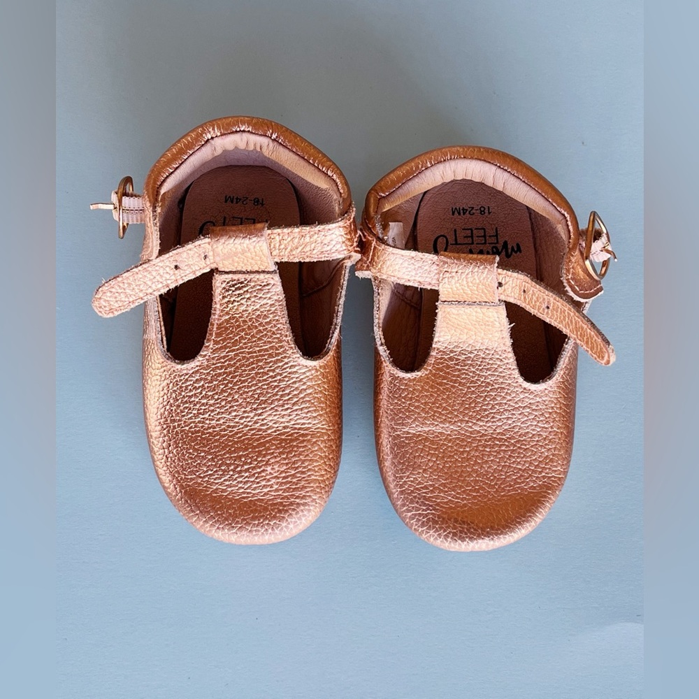Monkey feet rose gold t strap Mary Jane’s in size 18-24m